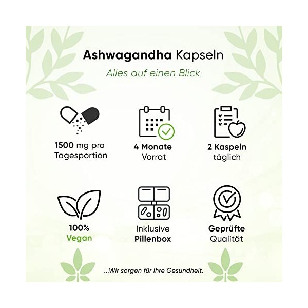 Ashwagandha Extrait 240 gélules, 10% withanolides, y compris pilulier, 1500mg portion journalière, 4 mois dapprovisionnement