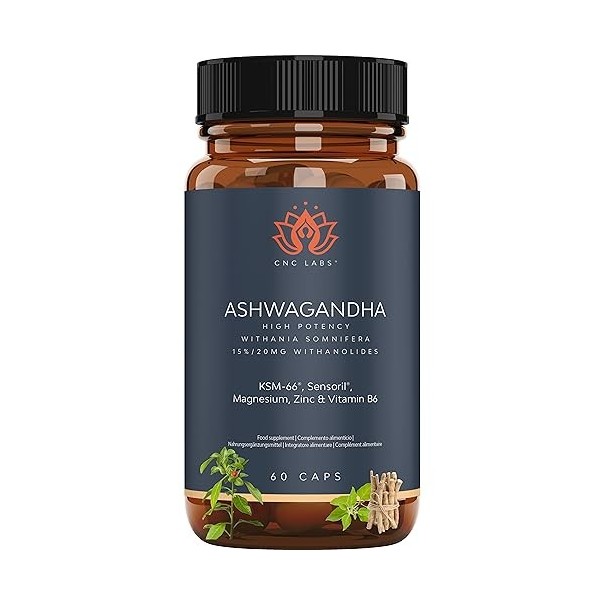 Ashwagandha Bio KSM-66 + Sensoril® | Très haute puissance 15% 20mg Withanolides par gelule | Support pour le stress, lanxiét