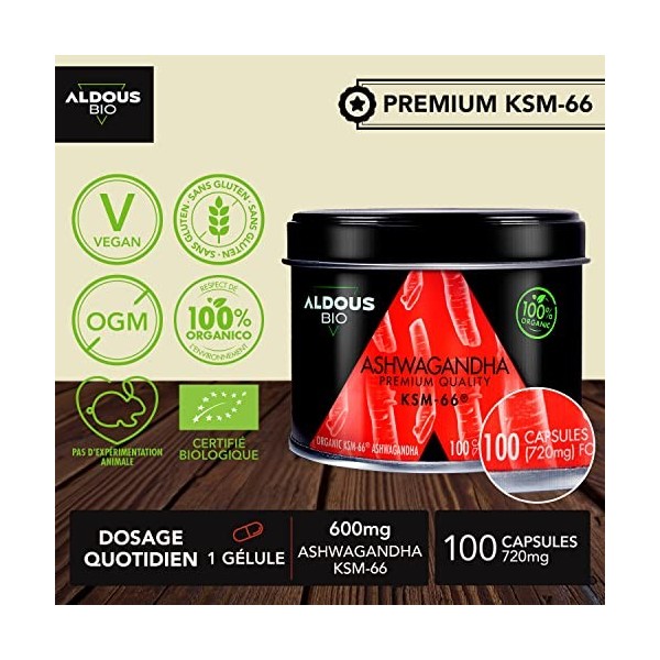 Authentique Ashwagandha KSM-66 ® BIO 600mg - 100% PURE | 100 Gélules pour 3 Mois | Haute Dose | 30mg de Withanolides | Ashwag