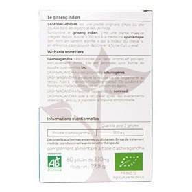 Ashwagandha bio - Terre Inconnue® - 60 gélules végétales de 330mg - pure poudre de Withania somnifera dInde