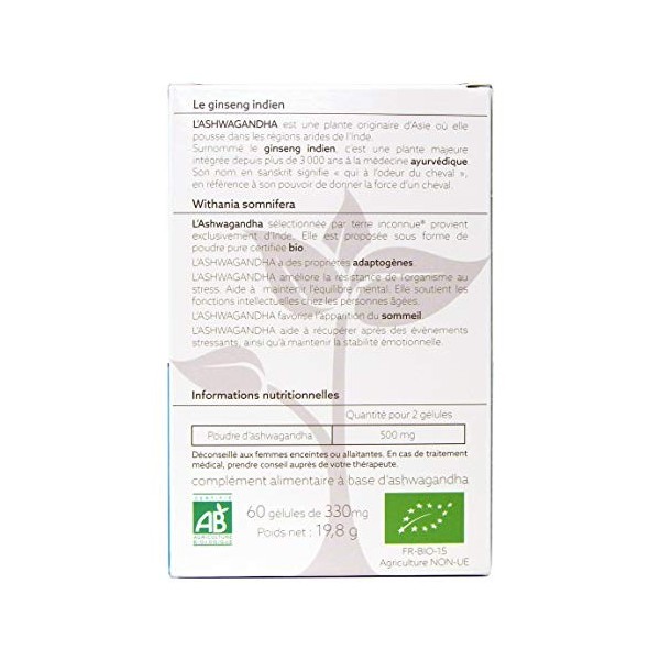Ashwagandha bio - Terre Inconnue® - 60 gélules végétales de 330mg - pure poudre de Withania somnifera dInde