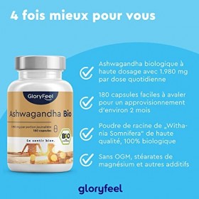 Ashwagandha Bio Capsules, Fortement Dosé avec 1980mg par Dose Journalière 660mg par Gélule , Ginseng Indien Pur et Naturel, 