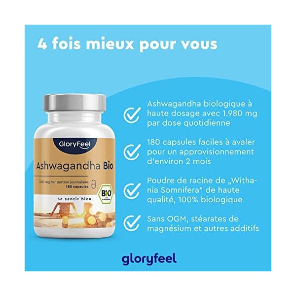 Ashwagandha Bio Capsules, Fortement Dosé avec 1980mg par Dose Journalière 660mg par Gélule , Ginseng Indien Pur et Naturel, 