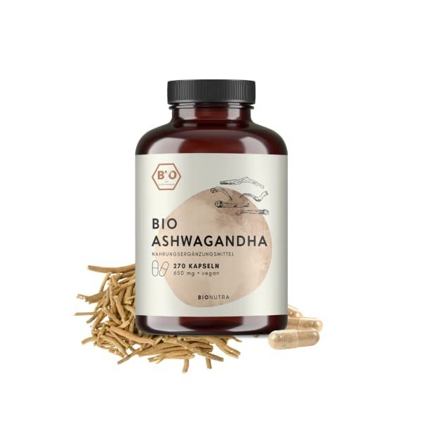 BIONUTRA® Ashwagandha bio | 270 gélules de 650 mg | 207 g | 3 Mois de consommation | Agriculture biologique | Végan | Aphrodi