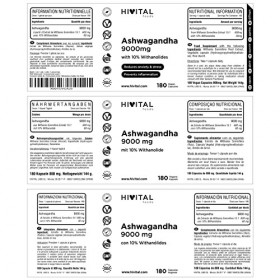 Ashwagandha 9000 mg. 180 gélules végétaliennes pour 6 mois de traitement. Extrait de Withania Somnifera avec 10% de Witanolid