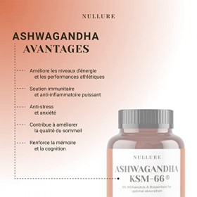 Ashwagandha KSM-66 + Bioperine Natural Nullure | Vegan | 600mg | 100% Pure | Anti-Stress Cortisol et Anxiété · Performance 