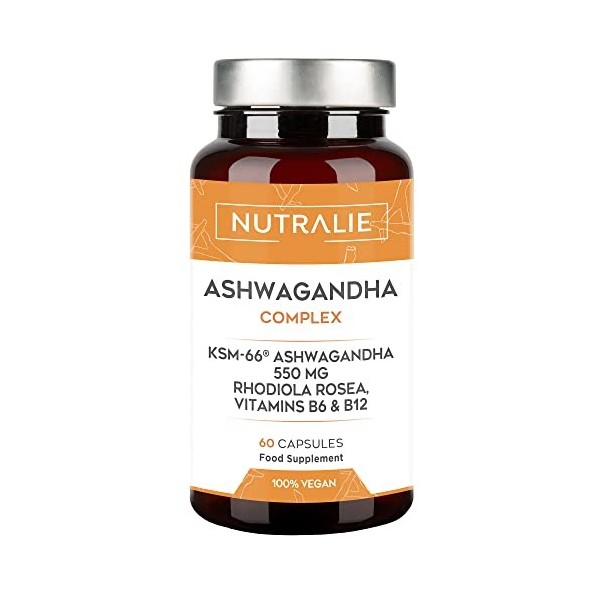 ASHWAGANDHA BIO-disponible - Anti-Stress avec Withanolides - Ashwagandha KSM-66 Gélules avec Rhodiola et Vitamines B6 B12-60 