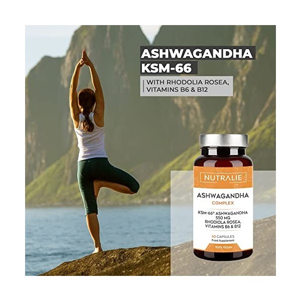 ASHWAGANDHA BIO-disponible - Anti-Stress avec Withanolides - Ashwagandha KSM-66 Gélules avec Rhodiola et Vitamines B6 B12-60 