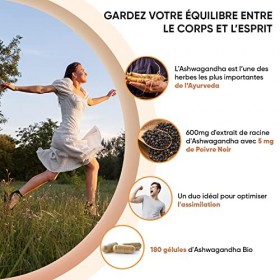 Ashwagandha Bio Gélules Extra Fort 600mg + Poivre Noir Bio 5mg - 180 Gélules Vegan 6 Mois - Ginseng Indien ou Withania Somn