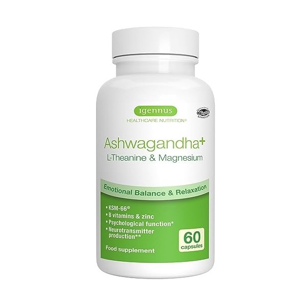 Ashwagandha KSM-66 Extrait de Racine avec L-Théanine, Magnésium et Vitamines B, 5% de Withanolides, Complexe de Support Anti 