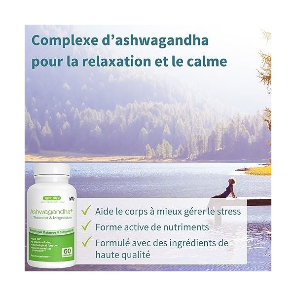 Ashwagandha KSM-66 Extrait de Racine avec L-Théanine, Magnésium et Vitamines B, 5% de Withanolides, Complexe de Support Anti 