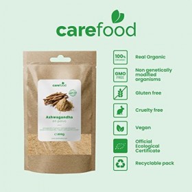 Carefood - Ashwagandha en Poudre 100% Bio - Ashwagandha Biologique en Poudre Adaptogène Naturel Adapté aux Véganes - 200 g