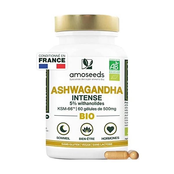 Ashwagandha BIO Breveté KSM-66™ | Extra Fort : 5% withanolides | Stress, Sommeil, Énergie, Bien-Être | 60 gélules vegan de 50