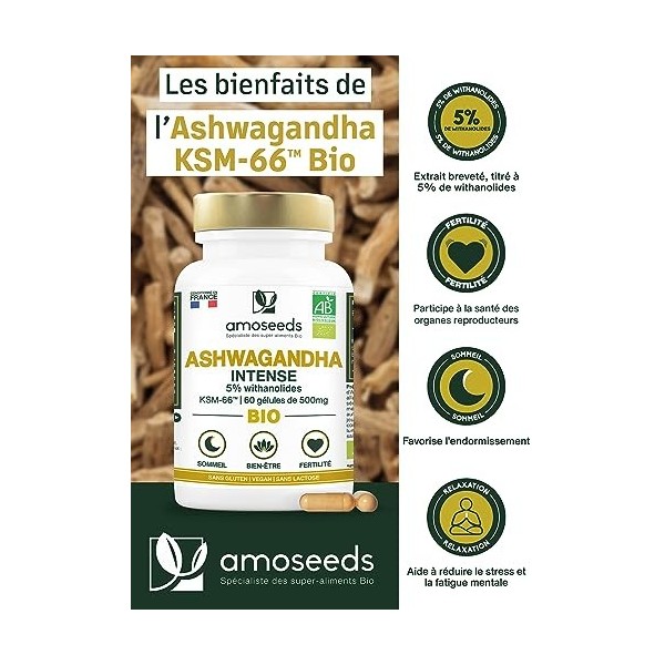 Ashwagandha BIO Breveté KSM-66™ | Extra Fort : 5% withanolides | Stress, Sommeil, Énergie, Bien-Être | 60 gélules vegan de 50