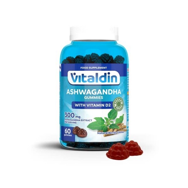 VITALDIN Ashwagandha Gummies – 300 mg dextrait de Racine dAshwagandha KSM-66 & 1.000 UI Vitamine D2 – 60 gommes pour 1 moi