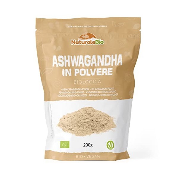 Poudre d’Ashwagandha biologique 200 g. Naturelle et pure, produit en Inde à partir de la racine de Withania somnifera biologi