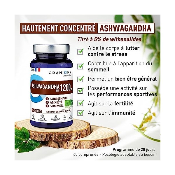 Ashwagandha bio GRANIONS | Complément alimentaire anxiété | Ashwagandha bio 1200mg avec KSM-66 + 5% de Withanolides | Anti st