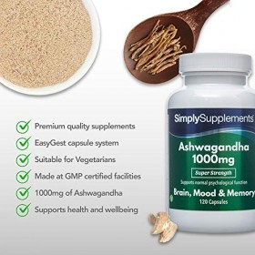 Ashwagandha 1000mg | 120 Gélules| Adapté aux Végétaliens | Jusqu’à 2 mois de Bienfaits |SimplySupplements