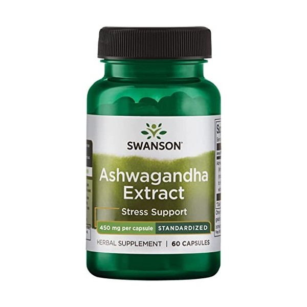 Swanson, Ashwagandha Extract Extrait dAshwagandha , 450mg, Standardisé en Withanolide, 60 Capsules, Testé en Laboratoire, S