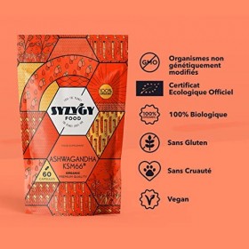 SYZYGY FOOD | 100% Pure Ashwagandha KSM-66® Bio 600mg | 60 Gélules pour 2 Mois | Sans Excipients | 30mg de Withanolides | Wit
