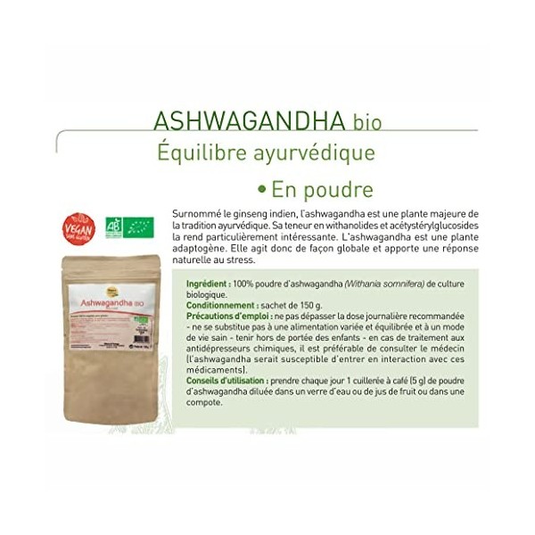 Ashwagandha poudre bio certifié Ecocert