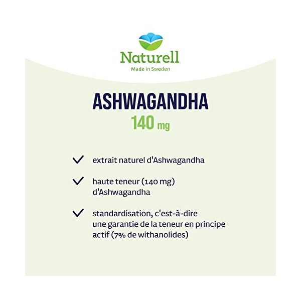 Naturell Ashwagandha 140mg – haute dose – withania somnifera – 180 comprimés – fabriqué en Suède