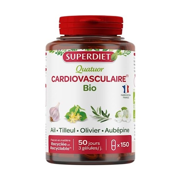 SuperDiet Quatuor Cardiovasculaire Ail Olivier Tilleul Aubépine 150 gélules Produit certifié bio 