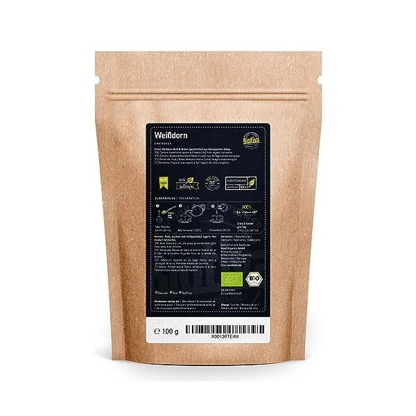 Biotiva Feuilles et fleurs daubépine bio 100g - Coupées - Crataegus - Aubépine - Sans matière de remplissage -Conditionné et