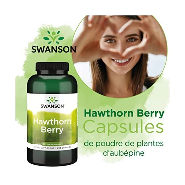 Swanson, Hawthorn Berry Baies dAubépine , 565mg, 250 Capsules, Hautement Dosé, Testé en Laboratoire, Sans Soja, Sans Gluten