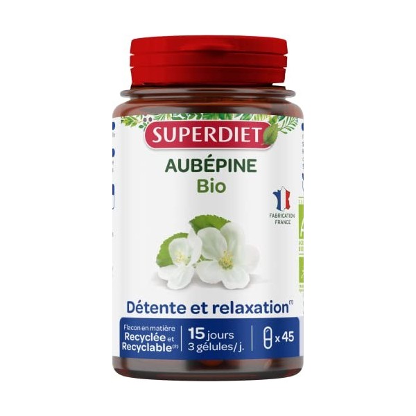 SUPERDIET - AUBÉPINE BIO - Détente, relaxation - Phytothérapie - Fabrication française - 45 gélules