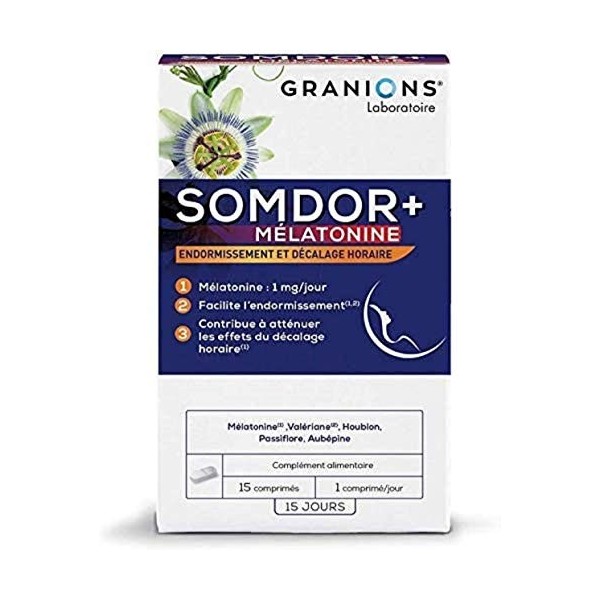 GRANIONS SOMDOR+ MÉLATONINE - ENDORMISSEMENT ET DÉCALAGE HORAIRE - Mélatonine dosage optimal , Valériane, Houblon, Passiflor