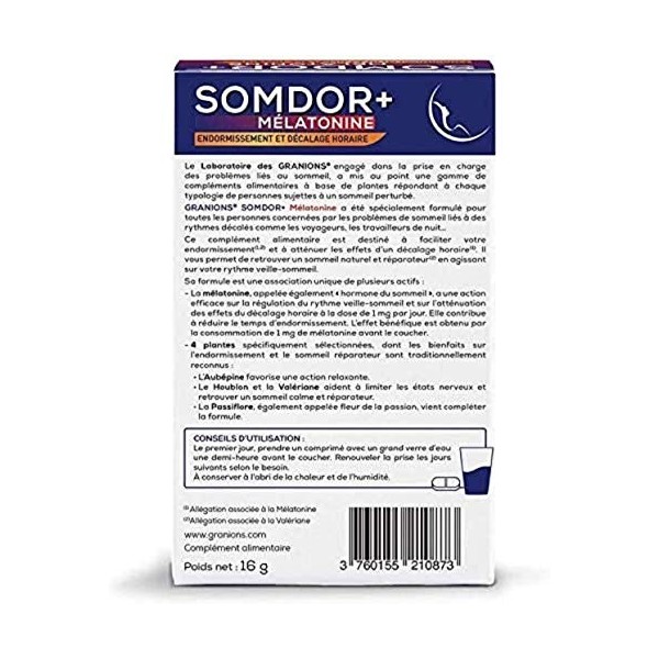 GRANIONS SOMDOR+ MÉLATONINE - ENDORMISSEMENT ET DÉCALAGE HORAIRE - Mélatonine dosage optimal , Valériane, Houblon, Passiflor