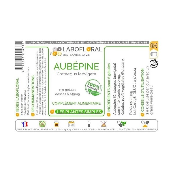 Aubépine Labofloral 150 gélules dosées à 245 mg - Complément alimentaire - Détente, sommeil, fonctions circulatoires - Fabriq