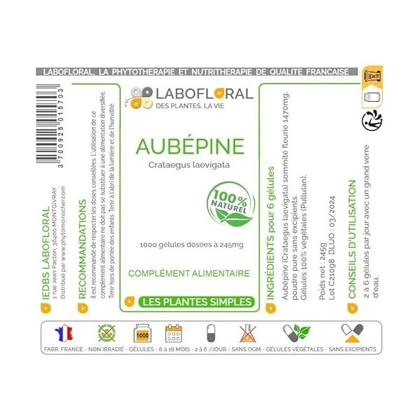 Aubépine Labofloral 1000 gélules dosées à 245 mg - Complément alimentaire - Détente, sommeil, fonctions circulatoires - Fabri