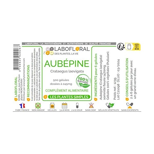 Aubépine Labofloral 500 gélules dosées à 245 mg - Complément alimentaire - Détente, sommeil, fonctions circulatoires - Fabriq