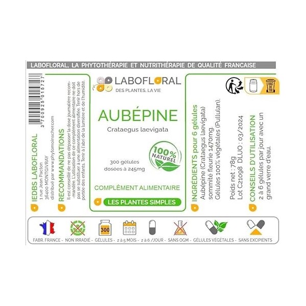 Aubépine Labofloral 300 gélules dosées à 245 mg - Complément alimentaire - Détente, sommeil, fonctions circulatoires - Fabriq