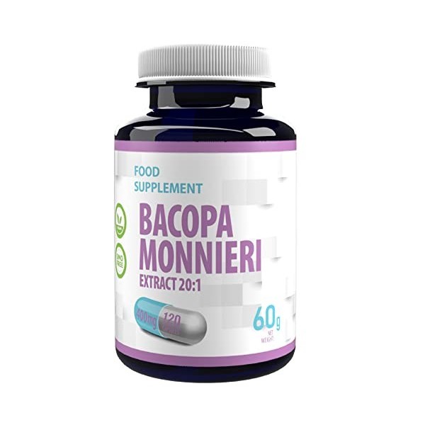 Bacopa Monnieri Brahmi Extrait équivalent à 8000 mg 400 mg dextrait 20:1 120 capsules végétaliennes, très puissantes, sans