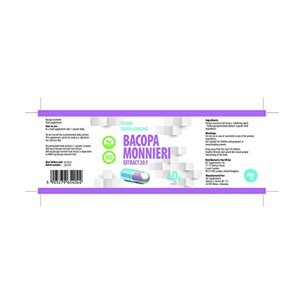 Bacopa Monnieri Brahmi Extrait équivalent à 8000 mg 400 mg dextrait 20:1 120 capsules végétaliennes, très puissantes, sans