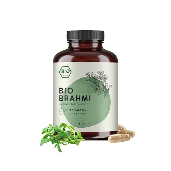 BIONUTRA® Brahmi bio | en gélules | 270 x 600 mg | Agriculture biologique | Végan | Sans additifs | Fabriqué en Allemagne