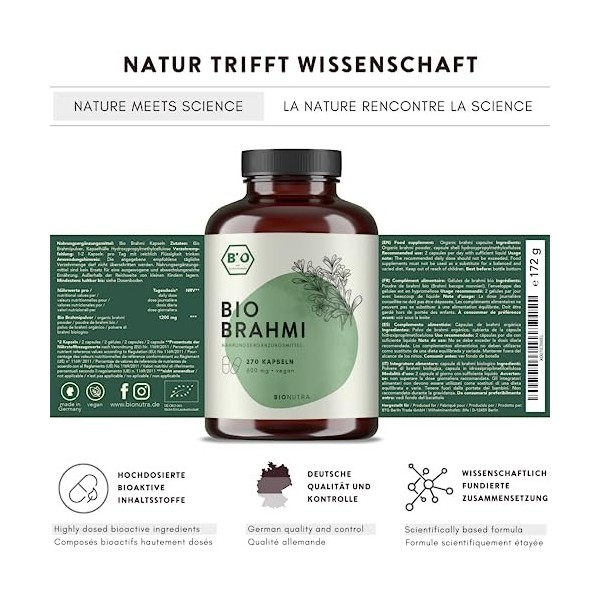BIONUTRA® Brahmi bio | en gélules | 270 x 600 mg | Agriculture biologique | Végan | Sans additifs | Fabriqué en Allemagne