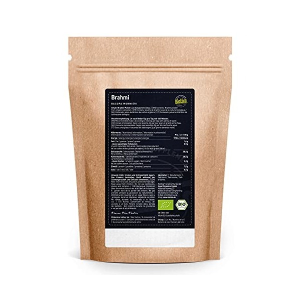 Biotiva Brahmi Poudre bio 100 g – Bacopa Monnieri – Plante à mémoire – végétalien – Ayurveda – Garanti sans additifs – Poudre