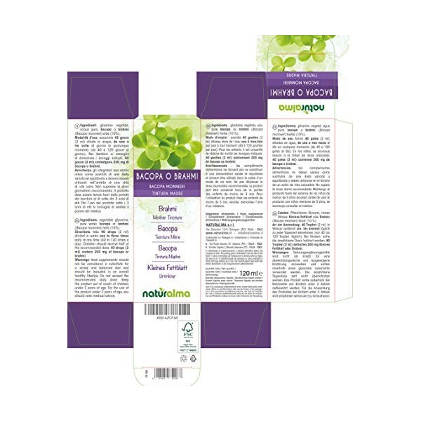 Bacopa ou Brahmi Bacopa monnieri herbe Teinture Mère sans alcool Naturalma | Extrait liquide gouttes 120 ml | Complément al