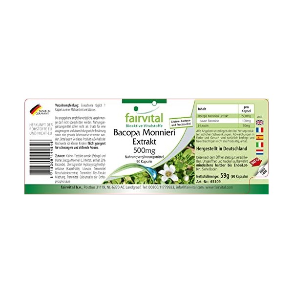 Fairvital | Extrait de Bacopa Monnieri 500mg Brahmi - 90 gélules - végan