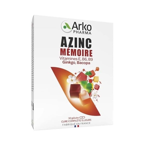 Arkopharma Azinc Mémoire Vit E , Vit B6 , Vit B9 , Ginkgo et Bacopa - Boite 30 Gélules - Lot de 2 Boites de 30 Gélules