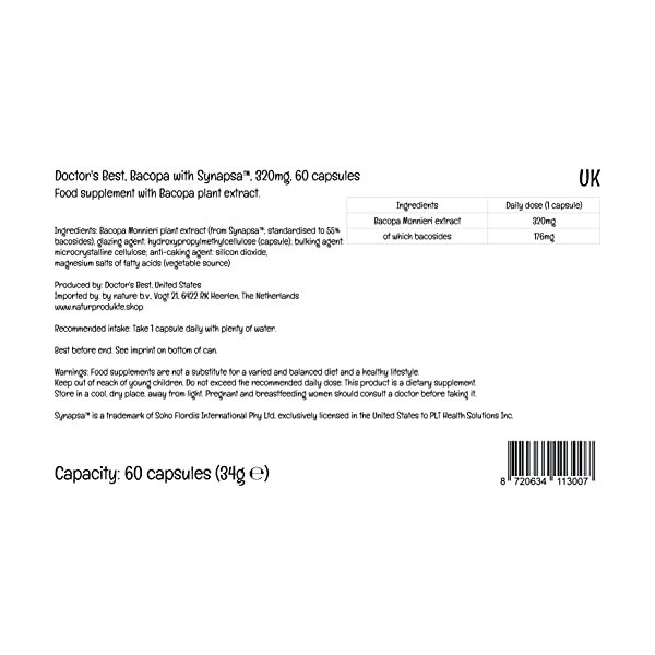 Doctors Best Bacopa avec Synapsa, 320mg, 60 gélules Végétaliennes, Testé en laboratoire, Sans Gluten, Sans Soja, Végétarien