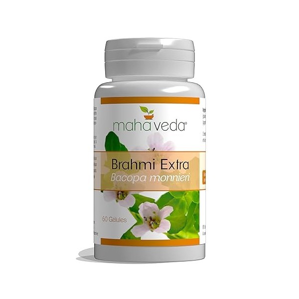 BRAHMI EXTRA - Extrait de Bacopa avec 50% Bacosides - Complément Alimentaire Cerveau - Mémoire et Concentration - 60 Gélules 