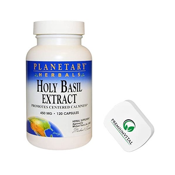 PremiumVital, Planetary Herbals, Holy Basil Extract Extrait de Basilic Sacré , 450mg, 120 Capsules, avec Pilulier pratique, 