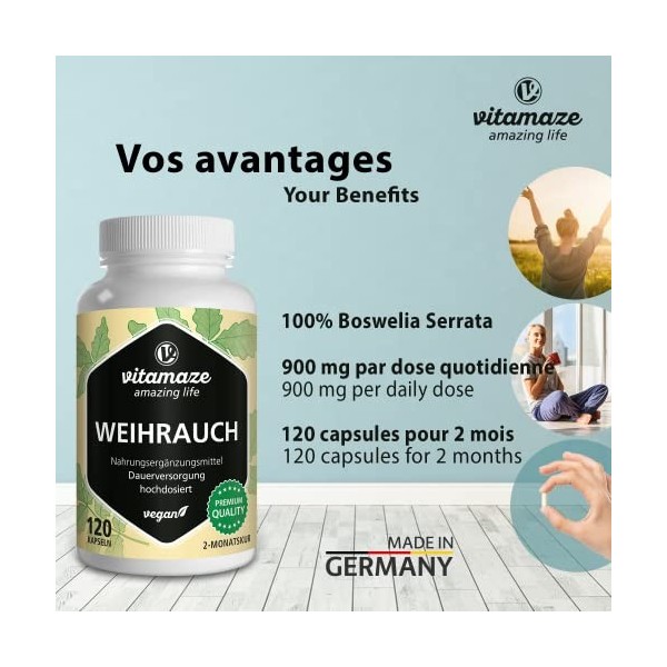 Boswellia Serrata Gélules 9.000mg 10:1-120 Gélules Végétalien DExtrait par Dose Quotidienne - 85% DAcide de Boswellia, 100%