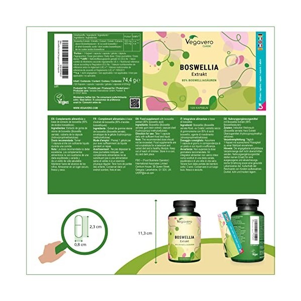 Boswellia Serrata Vegavero® | 85% d’Acide Boswellique | UNIQUE - Extrait 15:1 | Pour 4 Mois - 120 Gélules | 500 mg - 7500 mg