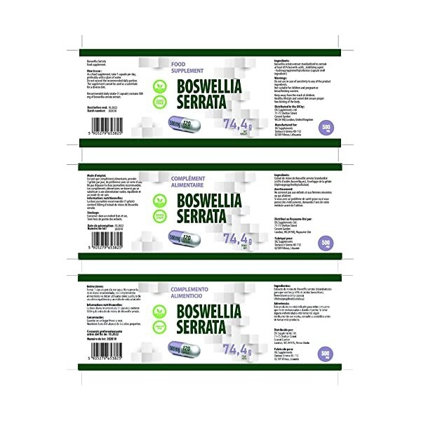 Boswellia Serrata 10:1 Extrait de Encens, Haute Concentation, 500mg Supplément Pour Soin des Articulations, 120 Gélules Vegan